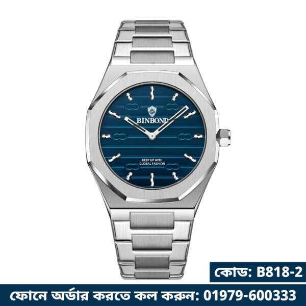 02: BINBOND 818 Silver Blue | Brand Casual Men's Quartz Watch Octagonal Luxurious And Fashionable
