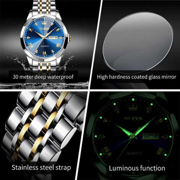 21: OLEVS 9931 Golden Blue | Men Watch Classic Rhombus Mirror Watch Original Business Diamond Date Week Stainless Steel Watch Luxury - Image 2