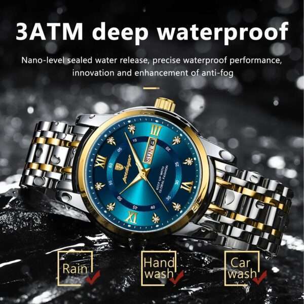 POEDAGAR 936 Golden White | Brand New Fashion Quartz Watch for Men Stainless Steel Sports Luminous Date Week Luxury Men's Watches - Image 3