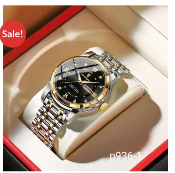 POEDAGAR 936 Golden Black | Brand New Fashion Quartz Watch for Men Stainless Steel Sports Luminous Date Week Luxury Men's Watches
