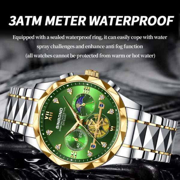 20: BINBOND B1236 Golden Green | Brand Fashion Tourbillon Dial Quartz Watches Men’s Luxury Stainless Steel - Image 4
