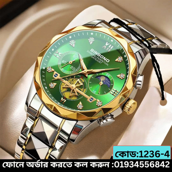 20: BINBOND B1236 Golden Green | Brand Fashion Tourbillon Dial Quartz Watches Men’s Luxury Stainless Steel